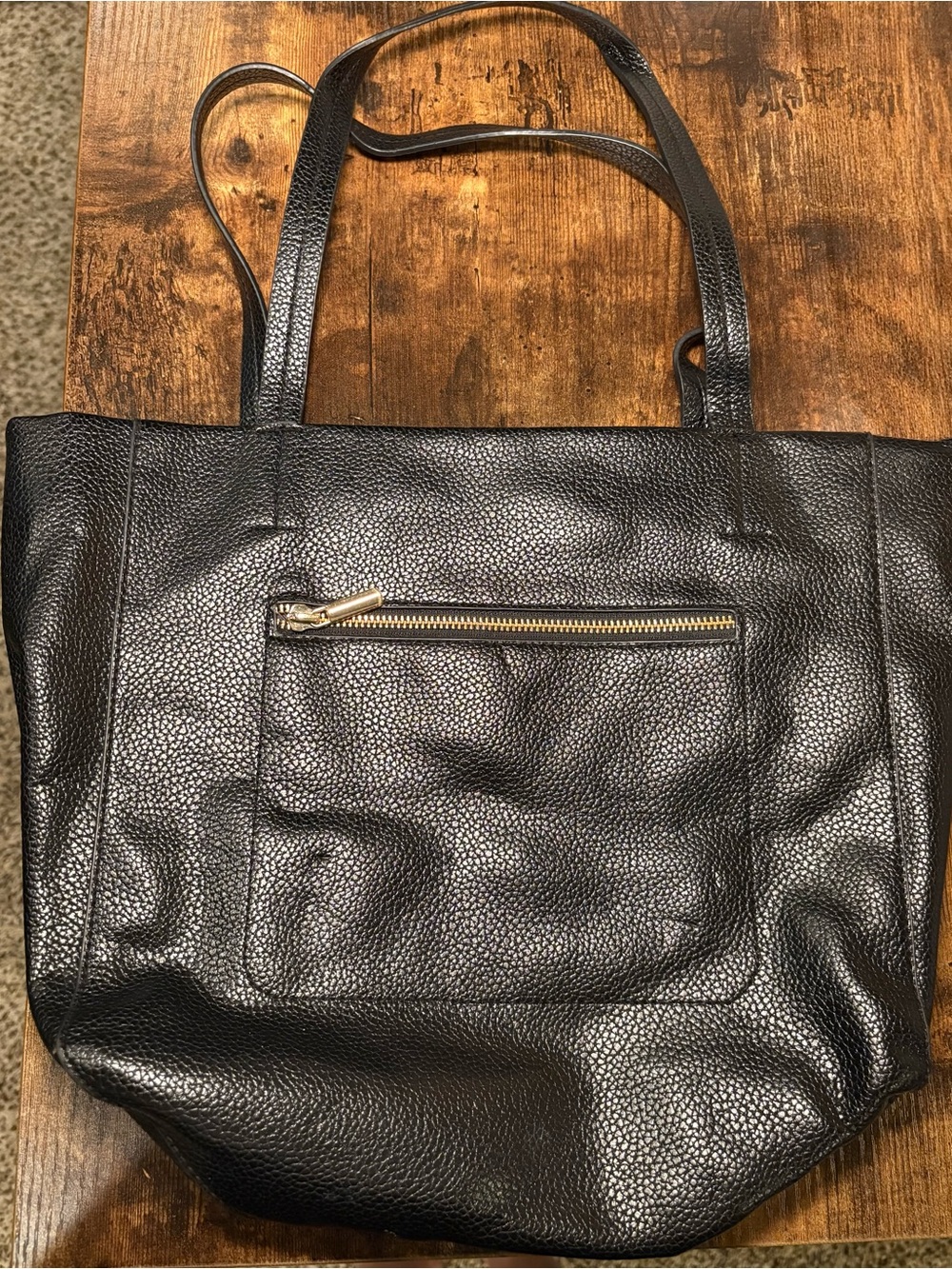 Classic Black Faux Leather Tote Bag with Front Zip Pocket